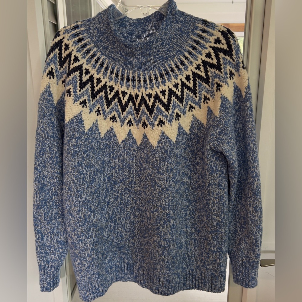 L.L. Bean Fair Isle Mock Turtleneck Cotton Knit Sweater Blue Women’s Size XL EUC
